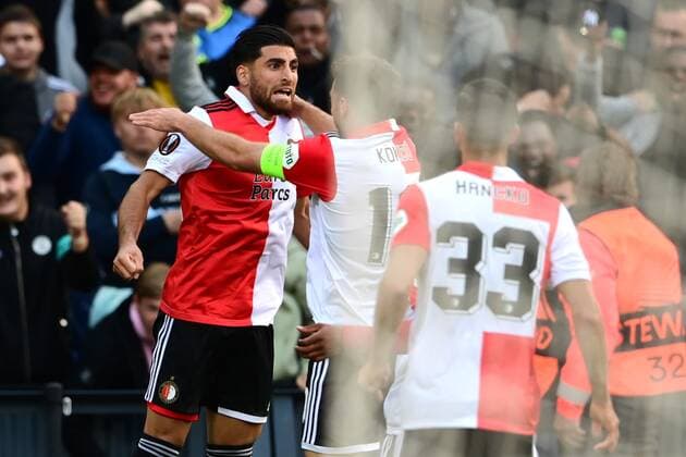 ROTTERDAM Alireza Jahanbakhsh of Feyenoord, Orkun Kokcu of Feyenoord celebrate the 1 0 during the UEFA Europa League Group F match between Feyenoord and Sturm Graz at Feyenoord Stadion de Kuip on September 15, 2022 in Rotterdam, Netherlands ANP OLAF KRAAK UEFA Europa League Group F 2022 2023 xVIxANPxSportx xxANPxIVx 454814777 originalFilename: 454814777.jpg
