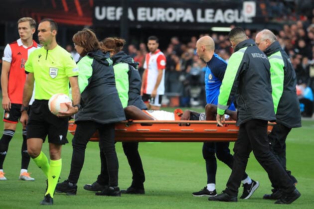 SOCCER - UEFA EL, Feyenoord vs Sturm ROTTERDAM, NETHERLANDS,15.SEP.22 - SOCCER - UEFA Europa League, group stage, Feyenoord Rotterdam vs SK Sturm Graz. Image shows Emmanuel Esseh Emegha (Sturm). Keywords: injury.  GEPAxpictures xMarioxBuehner