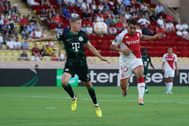 Wissam Ben Yedder (AS Monaco) - Mats Knoester (Ferencvaros TC) FOOTBALL : AS Monaco vs Ferencvaros TC - Ligue Europa - Phase de groupe - Monaco - 15 09 2022 NorbertScanella Panoramic 