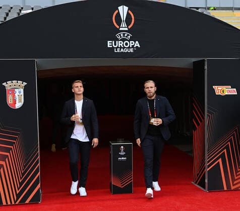 Football, men, season 2022 2023, Europa League, Sporting Braga 1 FC Union Berlin group stage, group D, 2 matchday , v l Andras Schäfer 1 FC Union Berlin , Tymoteusz Puchacz 1 FC Union Berlin before the match, 15 09 2022, Copyright: xMatthiasxKochx