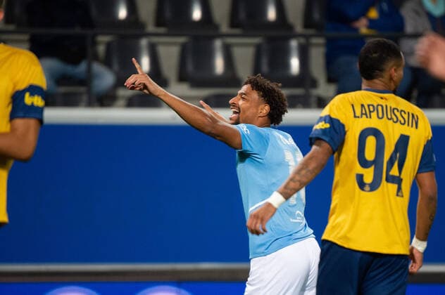 220915 Joseph Ceesay of Malmö FF celebrates after scoring 0 1 during the UEFA Europa League match between Royale Union Saint Gilloise and Malmö FF on September 15, 2022 in Leuven Photo Christian Örnberg BILDBYRAN COP 166 CO0231 football football soccer fotball uefa europa league royale union saint gilloise malmö ff bbeng jubel,  Copyright: CHRISTIANxÖRNBERG BB220915CO022