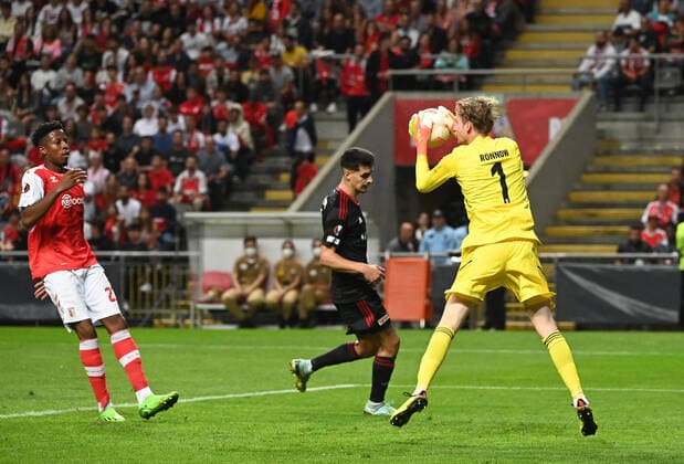 Football, Men, Season 2022 2023, Europa League, Sporting Braga 1 FC Union Berlin Group Stage, Group D, Matchday 2 , v l Simon Banza SC Braga , Diogo Leite 1 FC Union Berlin , Goalkeeper Frederik Rönnow 1 FC Union Berlin , 15 09 2022, Copyright: xMatthiasxKochx