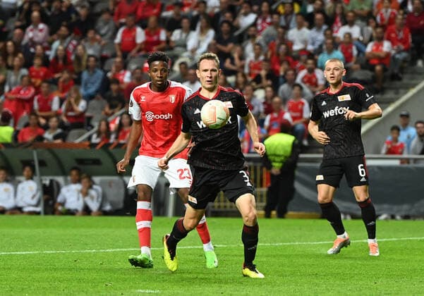 Football, Men, Season 2022 2023, Europa League, Sporting Braga 1 FC Union Berlin Group Stage, Group D, Matchday 2 , v l Simon Banza SC Braga , Paul Jaeckel 1 FC Union Berlin , Julian Ryerson 1 FC Union Berlin , 15 09 2022, Copyright: xMatthiasxKochx