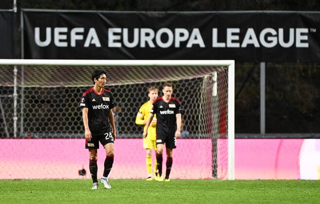 Football, men, season 2022 2023, Europa League, Sporting Braga 1 FC Union Berlin group stage, group D, matchday 2 , v l Genki Haraguchi 1 FC Union Berlin , Paul Jaeckel 1 FC Union Berlin , disappointment after conceding goal to 1 0, 15 09 2022, Copyright: xMatthiasxKochx