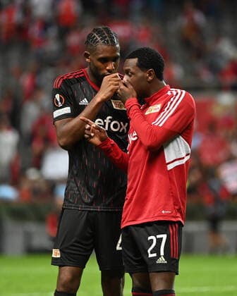 Football, men, season 2022 2023, Europa League, Sporting Braga 1 FC Union Berlin group stage, group D, matchday 2 , f l Jordan Siebatcheu Pefok, 1 FC Union Berlin , Sheraldo Becker 1 FC Union Berlin , disappointment after the final whistle, 15 09 2022, Copyright: xMatthiasxKochx
