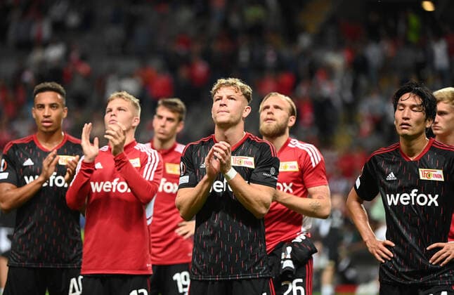 Football, men, season 2022 2023, Europa League, Sporting Braga 1 FC Union Berlin group stage, group D, matchday 2 , v l Jamie Leweling 1 FC Union Berlin , Andras Schäfer 1 FC Union Berlin , Janik Haberer 1 FC Union Berlin , Tim Skarke 1 FC Union Berlin , Tymoteusz Puchacz 1 FC Union Berlin , Genki Haraguchi 1 FC Union Berlin , disappointment after the final whistle, 15 09 2022, Copyright: xMatthiasxKochx