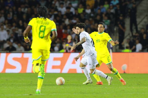 Kady 20 of Qarabag and Fabio 2 of Nantes during the UEFA Europa League group G match between Qarabag FK and FC Nantes at Tofig Bahramov Stadium on September 15, 2022 in Baku, Azerbaijan. Copyright: xAzizxKarimovx qarabag-nants15