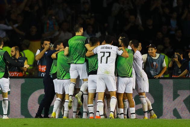 Marko Jankovic of Qarabag celebrates scoring their third goal with teammates during the UEFA Europa League group G match between Qarabag FK and FC Nantes at Tofig Bahramov Stadium on September 15, 2022 in Baku, Azerbaijan. Copyright: xAzizxKarimovx qarabag-nants5