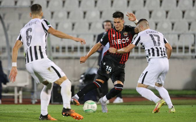 Rares ILie(C) OGC Nice FOOTBALL : Partizan vs OGC Nice - UEFA Conference Ligue - 15 09 2022 AleksandarDjorovic Panoramic 