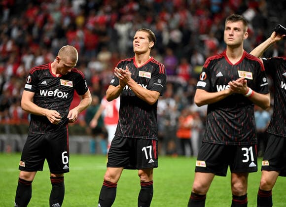 Football, Men, 2022 2023 season, Europa League, Sporting Braga 1 FC Union Berlin 1 0, Group Stage, Group D, Matchday 2 , f l Julian Ryerson 1 FC Union , Kevin Behrens 1 FC Union Berlin , Robin Knoche 1 FC Union , Disappointment after final whistle, 15 09 2022, Copyright: xMatthiasxKochx
