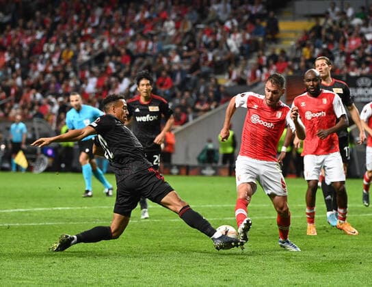 Football, Men, Season 2022 2023, Europa League, Sporting Braga 1 FC Union Berlin Group Stage, Group D, Matchday 2 , v l Jamie Leweling 1 FC Union Berlin , Nuno Sequeira SC Sporting Braga , Al Musrati SC Sporting Braga , 15 09 2022, Copyright: xMatthiasxKochx