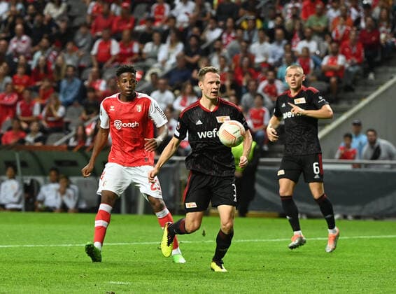 Football, Men, Season 2022 2023, Europa League, Sporting Braga 1 FC Union Berlin 1 0, Group Stage, Group D, Matchday 2 , v l Simon Banza SC Sporting Braga , Paul Jaeckel 1 FC Union Berlin , Julian Ryerson 1 FC Union , 15 09 2022, Copyright: xMatthiasxKochx