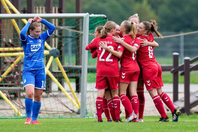 Players of 1 FC Köln II U20 , jubilate over the goal to 2 2, jubilation, goal celebration, celebrate the goal, goal, celebration, jubilation over the goal, optimistic, game scene, highlight, action, action, 18 09 2022, St Leon Rot Germany , Football, 2 Frauen Bundesliga, TSG 1899 Hoffenheim II U20 1 FC Köln II U20 , 18 09 2022, St Leon Rot Germany , Football, 2 Frauen Bundesliga, TSG 1899 Hoffenheim II U20 1 FC Köln II U20 , DFB DFL REGULATIONS PROHIBIT ANY USE OF PHOTOGRAPHS AS IMAGE SEQUENCES AND OR QUASI VIDEO xozx