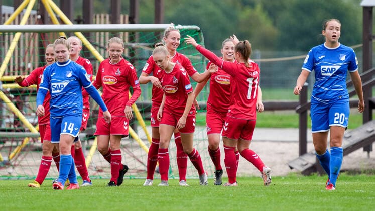 Players of 1 FC Köln II U20 , jubilate over the goal to 2 2, jubilation, goal celebration, celebrate the goal, goal, celebration, jubilation over the goal, optimistic, game scene, highlight, action, action, 18 09 2022, St Leon Rot Germany , Football, 2 Frauen Bundesliga, TSG 1899 Hoffenheim II U20 1 FC Köln II U20 , 18 09 2022, St Leon Rot Germany , Football, 2 Frauen Bundesliga, TSG 1899 Hoffenheim II U20 1 FC Köln II U20 , DFB DFL REGULATIONS PROHIBIT ANY USE OF PHOTOGRAPHS AS IMAGE SEQUENCES AND OR QUASI VIDEO xozx
