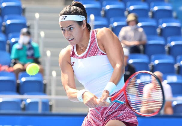 September 21, 2022, Tokyo, Japan - Caroline Garcia of France returns the ball against China s Zhang Shuai at the singles second round match at the Toray Pan Pacific Open tennis tournament at the Ariake Coliseum in Tokyo on Wednesday, September 21, 2022. Noxthirdxpartyxsales  (199136516)