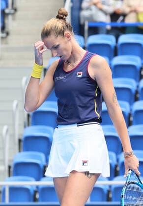 September 22, 2022, Tokyo, Japan - Karolina Pliskova of Czech Republic is disappointed as she lost a key point against Petra Martic of Croatia at the singles second round match at the Toray Pan Pacific Open tennis tournament at the Ariake Coliseum in Tokyo on Thursday, September 22, 2022. Martic defeated 6th seeded Pliskova 6-3, 6-4. Noxthirdxpartyxsales  (0169828497st)