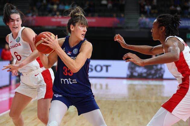 22nd September 2022; Homebush, Sydney, New South Wales, Australia: Women s World Cup Basketball, Serbia versus Canada: Tina KRAJISNIK of Serbia shields the ball from the Canadian defence.  ActionPlus12428349 KevinxManning