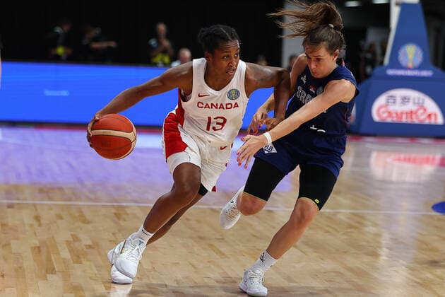 22nd September 2022; Homebush, Sydney, New South Wales, Australia: Women s World Cup Basketball, Serbia versus Canada: Shay COLLEY of Canada fends off the Serbian defence  ActionPlus12428372 KevinxManning
