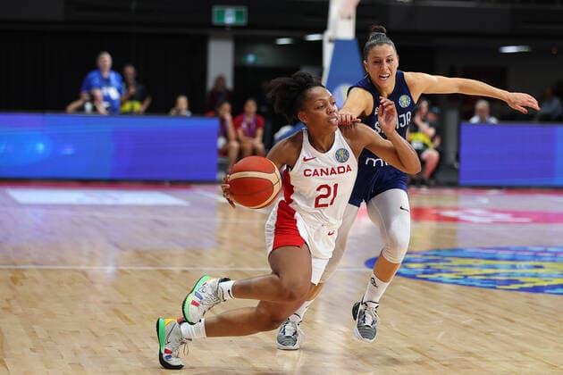 22nd September 2022; Homebush, Sydney, New South Wales, Australia: Women s World Cup Basketball, Serbia versus Canada: Nirra FIELDS of Canada keeps possession of the ball, with Sasa CADO of Serbia closing in  ActionPlus12428377 KevinxManning