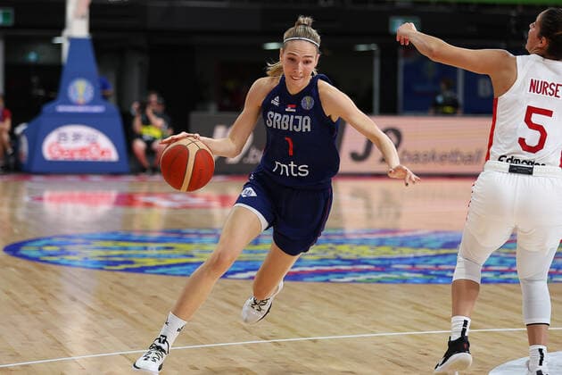 22nd September 2022; Homebush, Sydney, New South Wales, Australia: Women s World Cup Basketball, Serbia versus Canada: Ivana RACA of Serbia dribbles the ball around Kia NURSE of Canada  ActionPlus12428330 KevinxManning