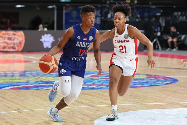 22nd September 2022; Homebush, Sydney, New South Wales, Australia: Women s World Cup Basketball, Serbia versus Canada: Yvonne ANDERSON of Serbia shields the ball from Nirra FIELDS of Canada  ActionPlus12428338 KevinxManning