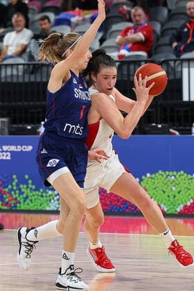 22nd September 2022; Homebush, Sydney, New South Wales, Australia: Women s World Cup Basketball, Serbia versus Canada: Bridget CARLETON of Canada is blocked by Ivana RACA of Serbia  ActionPlus12428359 KevinxManning