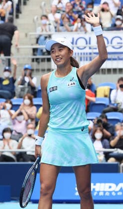 September 23, 2022, Tokyo, Japan - Zhang Shuai of China reacts to audience after she deated Petra Martic of Croatia at the singles quarter final match at the Toray Pan Pacific Open tennis tournament at the Ariake Coliseum in Tokyo on Friday, September 23, 2022. Zhang defeated Martic 7-5, 6-2. Noxthirdxpartyxsales  (0169878022st)