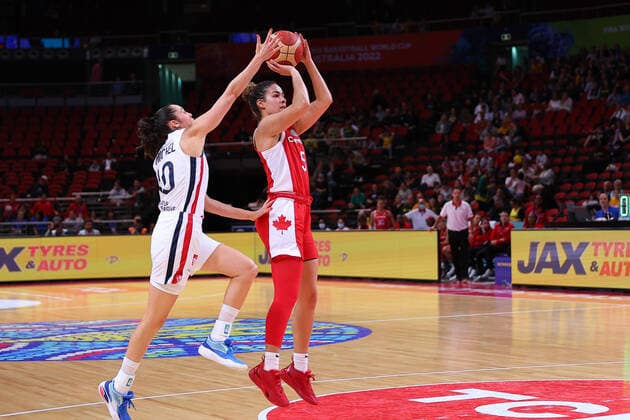 23rd September 2022; Sydney, Homebush, New South Wales, Australia, Women s World Cup Basketball: Canada versus France: Sarah MICHEL of France attempts to block the shot of Kia NURSE of Canada  ActionPlus12428725 KevinxManning