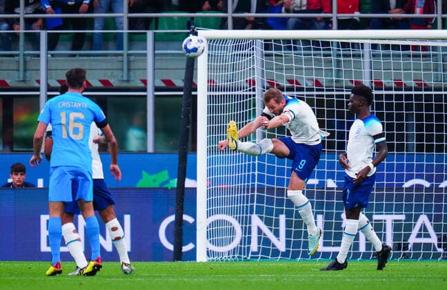 Mandatory Credit: Photo by Javier Garcia Shutterstock (13413805af) Captain Harry Kane of England clears his lines defensively as Bukayo Saka looks on Italy v England, UEFA Nations League, Group A3, International Football, Stadio Giuseppe Meazza, Milan, Italy - 23 Sep 2022 EDITORIAL USE ONLY No use with unauthorised audio, video, data, fixture lists, club league logos or live services. Online in-match use limited to 120 images, no video emulation. No use in betting, games or single club league player publications. Italy v England, UEFA Nations League, Group A3, International Football, Stadio Giuseppe Meazza, Milan, Italy - 23 Sep 2022 EDITORIAL USE ONLY No use with unauthorised audio, video, data, fixture lists, club league logos or live services. Online in-match use limited to 120 images, no video emulation. No use in betting, games or single club league player publications.  Copyright: xJavierxGarcia Shutterstockx 13413805af