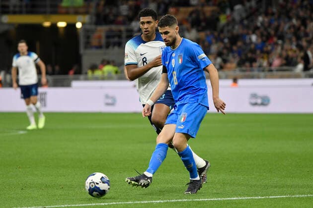 Jorge Luiz Frello Filho Jorginho of Italy and Jude Bellingham of England during the Uefa Nations League League A group 3 football match between Italy and England at San Siro Stadium stadium in Milano (Italy), September 23h, 2022. Photo Andrea Staccioli Insidefoto andreaxstaccioli