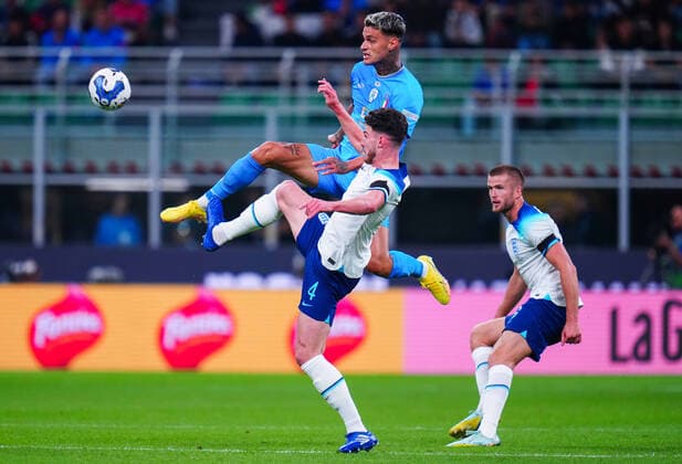 Mandatory Credit: Photo by Javier Garcia Shutterstock (13413805ak) Declan Rice of England and West Ham Team mate Gianluca Scamacca of Italy Italy v England, UEFA Nations League, Group A3, International Football, Stadio Giuseppe Meazza, Milan, Italy - 23 Sep 2022 EDITORIAL USE ONLY No use with unauthorised audio, video, data, fixture lists, club league logos or live services. Online in-match use limited to 120 images, no video emulation. No use in betting, games or single club league player publications. Italy v England, UEFA Nations League, Group A3, International Football, Stadio Giuseppe Meazza, Milan, Italy - 23 Sep 2022 EDITORIAL USE ONLY No use with unauthorised audio, video, data, fixture lists, club league logos or live services. Online in-match use limited to 120 images, no video emulation. No use in betting, games or single club league player publications.  Copyright: xJavierxGarcia Shutterstockx 13413805ak