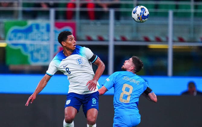 Mandatory Credit: Photo by Javier Garcia Shutterstock (13413805aj) Jude Bellingham of England and Jorginho of Italy Italy v England, UEFA Nations League, Group A3, International Football, Stadio Giuseppe Meazza, Milan, Italy - 23 Sep 2022 EDITORIAL USE ONLY No use with unauthorised audio, video, data, fixture lists, club league logos or live services. Online in-match use limited to 120 images, no video emulation. No use in betting, games or single club league player publications. Italy v England, UEFA Nations League, Group A3, International Football, Stadio Giuseppe Meazza, Milan, Italy - 23 Sep 2022 EDITORIAL USE ONLY No use with unauthorised audio, video, data, fixture lists, club league logos or live services. Online in-match use limited to 120 images, no video emulation. No use in betting, games or single club league player publications.  Copyright: xJavierxGarcia Shutterstockx 13413805aj