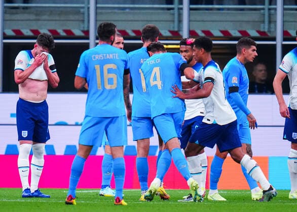 Mandatory Credit: Photo by Javier Garcia Shutterstock (13413805al) Declan Rice of England holds his face during an Italian set piece Italy v England, UEFA Nations League, Group A3, International Football, Stadio Giuseppe Meazza, Milan, Italy - 23 Sep 2022 EDITORIAL USE ONLY No use with unauthorised audio, video, data, fixture lists, club league logos or live services. Online in-match use limited to 120 images, no video emulation. No use in betting, games or single club league player publications. Italy v England, UEFA Nations League, Group A3, International Football, Stadio Giuseppe Meazza, Milan, Italy - 23 Sep 2022 EDITORIAL USE ONLY No use with unauthorised audio, video, data, fixture lists, club league logos or live services. Online in-match use limited to 120 images, no video emulation. No use in betting, games or single club league player publications.  Copyright: xJavierxGarcia Shutterstockx 13413805al