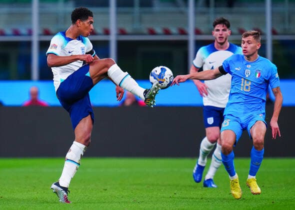 Mandatory Credit: Photo by Javier Garcia Shutterstock (13413805am) Jude Bellingham of England and Nicolò Barella of Italy Italy v England, UEFA Nations League, Group A3, International Football, Stadio Giuseppe Meazza, Milan, Italy - 23 Sep 2022 EDITORIAL USE ONLY No use with unauthorised audio, video, data, fixture lists, club league logos or live services. Online in-match use limited to 120 images, no video emulation. No use in betting, games or single club league player publications. Italy v England, UEFA Nations League, Group A3, International Football, Stadio Giuseppe Meazza, Milan, Italy - 23 Sep 2022 EDITORIAL USE ONLY No use with unauthorised audio, video, data, fixture lists, club league logos or live services. Online in-match use limited to 120 images, no video emulation. No use in betting, games or single club league player publications.  Copyright: xJavierxGarcia Shutterstockx 13413805am