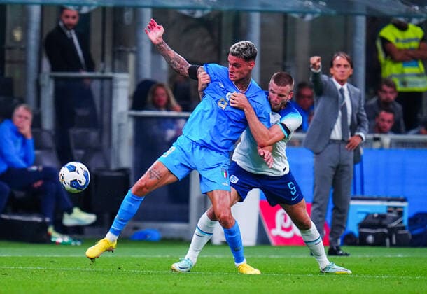 Mandatory Credit: Photo by Javier Garcia Shutterstock (13413805as) Gianluca Scamacca of Italy and Eric Dier of England as Coach Roberto Mancini looks on Italy v England, UEFA Nations League, Group A3, International Football, Stadio Giuseppe Meazza, Milan, Italy - 23 Sep 2022 EDITORIAL USE ONLY No use with unauthorised audio, video, data, fixture lists, club league logos or live services. Online in-match use limited to 120 images, no video emulation. No use in betting, games or single club league player publications. Italy v England, UEFA Nations League, Group A3, International Football, Stadio Giuseppe Meazza, Milan, Italy - 23 Sep 2022 EDITORIAL USE ONLY No use with unauthorised audio, video, data, fixture lists, club league logos or live services. Online in-match use limited to 120 images, no video emulation. No use in betting, games or single club league player publications.  Copyright: xJavierxGarcia Shutterstockx 13413805as