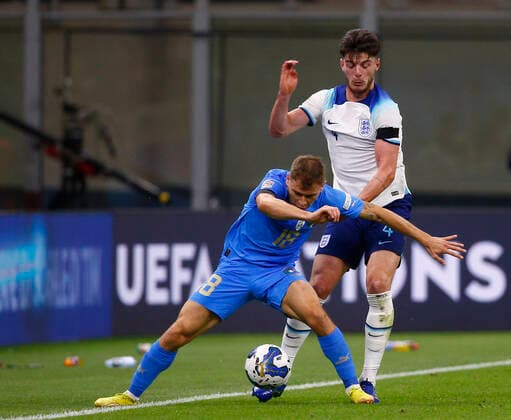 Italy v England UEFA Nations League NicolÃ² Barella of Italy is tackled by Declan Rice of England during the UEFA Nations League Group C match at San Siro, Milan Content Not Available For UK Newspapers Copyright: xPaulxChestertonx FIL-17373-0060 UK Newspapers OUT