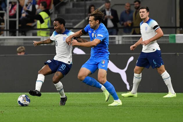 Raheem Sterling of England and Rafael Toloi of Italy during the Uefa Nations League League A group 3 football match between Italy and England at San Siro Stadium stadium in Milano (Italy), September 23h, 2022. Photo Andrea Staccioli Insidefoto andreaxstaccioli