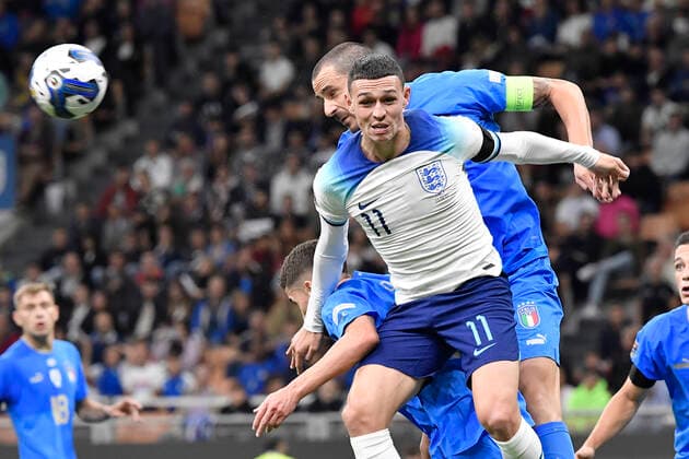 Phil Foden of England and Leonardo Bonucci of Italy during the Uefa Nations League League A group 3 football match between Italy and England at San Siro Stadium stadium in Milano (Italy), September 23h, 2022. Photo Andrea Staccioli Insidefoto andreaxstaccioli