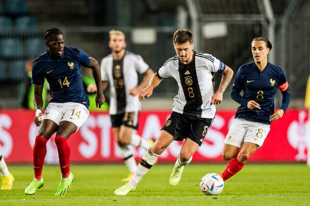 U21 friendly match, Germany France 23 09 2022 Castello Lukeba France, 14 , Angelo Stiller Germany, 8 , Maxence Caqueret France, 8 U21 friendly match, Germany France, Magdeburg, MDCC Arena DFB REGULATIONS PROHIBIT ANY USE OF PHOTOGRAPHS AS IMAGE SEQUENCES AND OR QUASI VIDEO Copyright: xBEAUTIFULxSPORTS Wunderlx