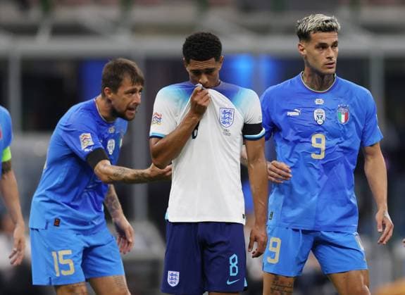 Milan, Italy, 23rd September 2022. Jude Bellingham of England marked at a free kick during the UEFA Nations League match at Stadio Giuseppe Meazza, Milan. Picture credit should read: Jonathan Moscrop Sportimage EDITORIAL USE ONLY. No use with unauthorised audio, video, data, fixture lists, club league logos or live services. Online in-match use limited to 120 images, no video emulation. No use in betting, games or single club league player publications. SPI-1892-0025