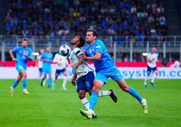 Mandatory Credit: Photo by Javier Garcia Shutterstock (13413805bz) Raheem Sterling of England and Rafael Toloi of Italy Italy v England, UEFA Nations League, Group A3, International Football, Stadio Giuseppe Meazza, Milan, Italy - 23 Sep 2022 EDITORIAL USE ONLY No use with unauthorised audio, video, data, fixture lists, club league logos or live services. Online in-match use limited to 120 images, no video emulation. No use in betting, games or single club league player publications. Italy v England, UEFA Nations League, Group A3, International Football, Stadio Giuseppe Meazza, Milan, Italy - 23 Sep 2022 EDITORIAL USE ONLY No use with unauthorised audio, video, data, fixture lists, club league logos or live services. Online in-match use limited to 120 images, no video emulation. No use in betting, games or single club league player publications. Copyright: xJavierxGarcia Shutterstockx 13413805bz