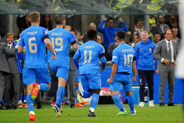 Giacomo Raspadori (Italy) celebrates his goal during Italy vs England, football UEFA Nations League match in Milan, Italy, September 23 2022  Copyright: xLucaxRossinix xipa-agency.netx xLivexMediax 0