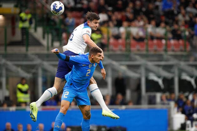 UEFA Nations League: ITALY vs ENGLAND Italy, Milan, sept 23 2022: Giovanni Di Lorenzo (Italy defender), Harry Maguire (England defender) head shot in the first half during soccer match ITALY vs ENGLAND, UNL, League A Group3 day5, San Siro stadium Milan Lombardy Italy Copyright: xFabrizioxAndreaxBertanix
