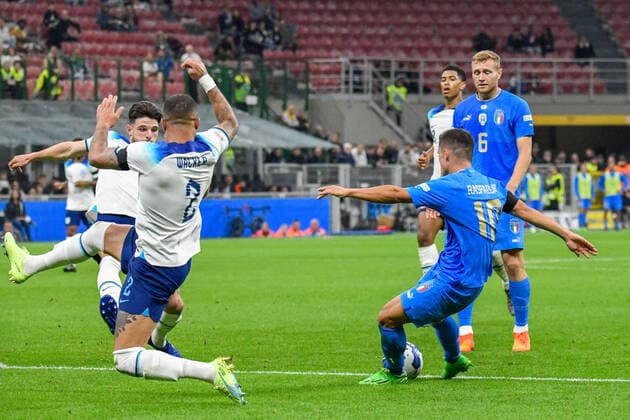 September 23, 2022, Milan, Italy: Milan, Italy, San Siro stadium, September 23, 2022, Italy s Giacomo Raspadori shots and scores the 1-0 goal during Italy vs England - football UEFA Nations League match. football UEFA Nations League match - Italy vs England, Milan, Italy - ZUMAl164 20220923_zsa_l164_196 Copyright: xFabioxFagiolinix