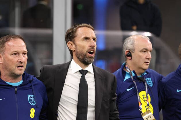 Italy vs England - UEFA Nations League 2022 - League A Group 3 day 5 at San Siro stadium Italy, Milan, sept 23 2022: Gareth Southgate (England manager) english anthem during soccer match ITALY vs ENGLAND, UNL, League A Group3 day5, San Siro stadium Milan Italy Copyright: FabrizioxAndreaxBertani
