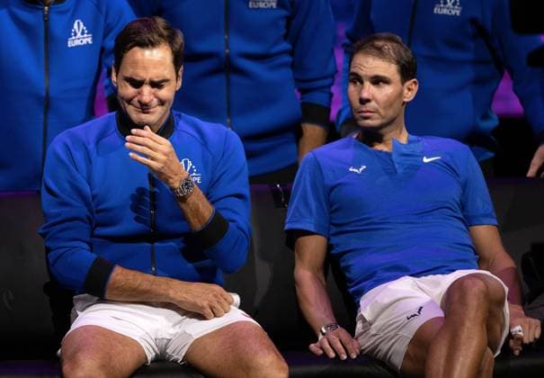 Mandatory Credit: Photo by Ella Ling Shutterstock (13413997fp) Roger Federer and Rafael Nadal of Team Europe emotional watching a video montage after their Men s Doubles match, the final match of Federer s career Laver Cup, Tennis Tournament, Day One, 02 Arena, London, UK - 23 Sep 2022 Laver Cup, Tennis Tournament, Day One, 02 Arena, London, UK - 23 Sep 2022 Copyright: xEllaxLing Shutterstockx 13413997fp