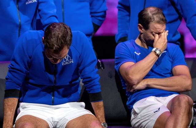Mandatory Credit: Photo by Ella Ling Shutterstock (13413997fw) Roger Federer and Rafael Nadal of Team Europe emotional watching a video montage after their Men s Doubles match, the final match of Federer s career Laver Cup, Tennis Tournament, Day One, 02 Arena, London, UK - 23 Sep 2022 Laver Cup, Tennis Tournament, Day One, 02 Arena, London, UK - 23 Sep 2022  Copyright: xEllaxLing Shutterstockx 13413997fw