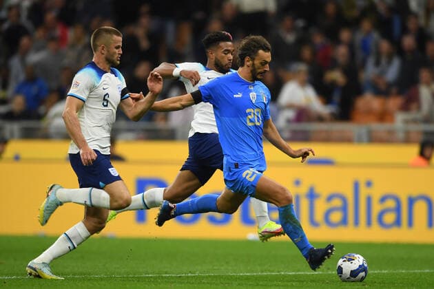 Manolo Gabbiadini (Italy)Reece James (England)Eric Dier (England) during the Uefa Nations League 2022-2023 match between match between Italy 1-0 England at Giuseppe Meazza Stadium on September 23, 2022 in Milano, Italy. Noxthirdxpartyxsales  (199386621)
