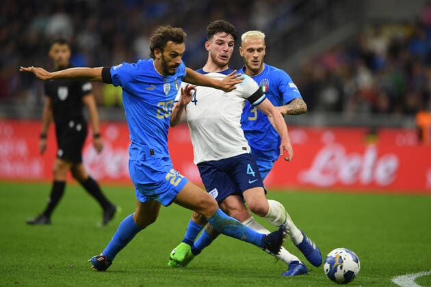 Manolo Gabbiadini (Italy)Declan Rice (England)Federico Dimarco (Italy) during the Uefa Nations League 2022-2023 match between match between Italy 1-0 England at Giuseppe Meazza Stadium on September 23, 2022 in Milano, Italy. Noxthirdxpartyxsales  (199386641)