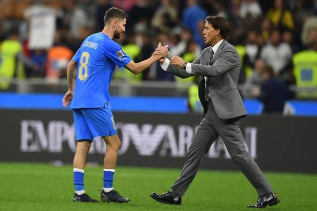 Jorginho Luiz Frello Filho (Italy)Roberto Mancini Coach (Italy) during the Uefa Nations League 2022-2023 match between match between Italy 1-0 England at Giuseppe Meazza Stadium on September 23, 2022 in Milano, Italy. Noxthirdxpartyxsales  (199386762)